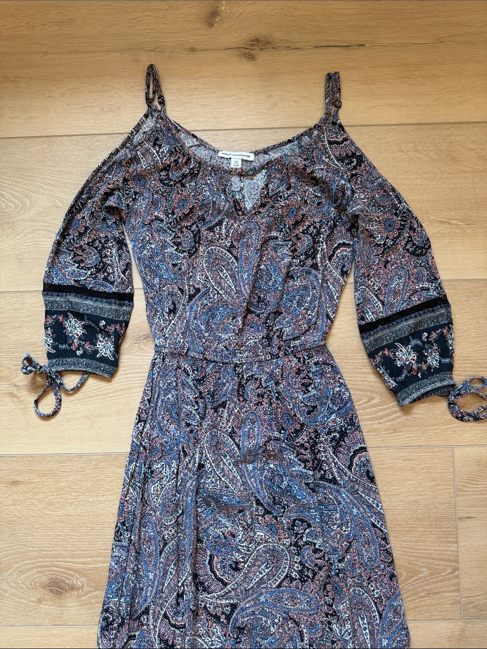 American Eagle Blue Boho Paisley Cold-Shoulder Maxi Dress - Picture 3 of 8